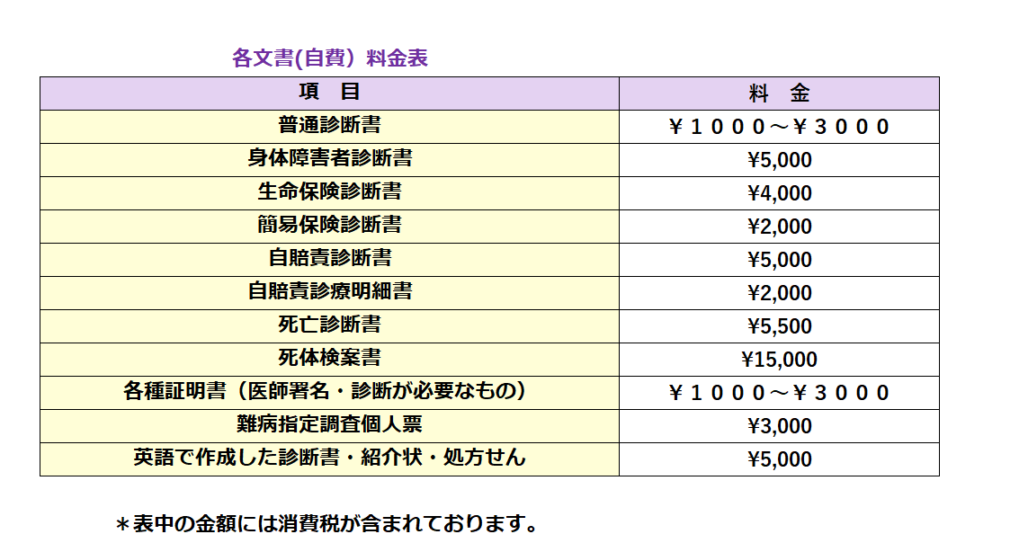 各文書（自費）料金表